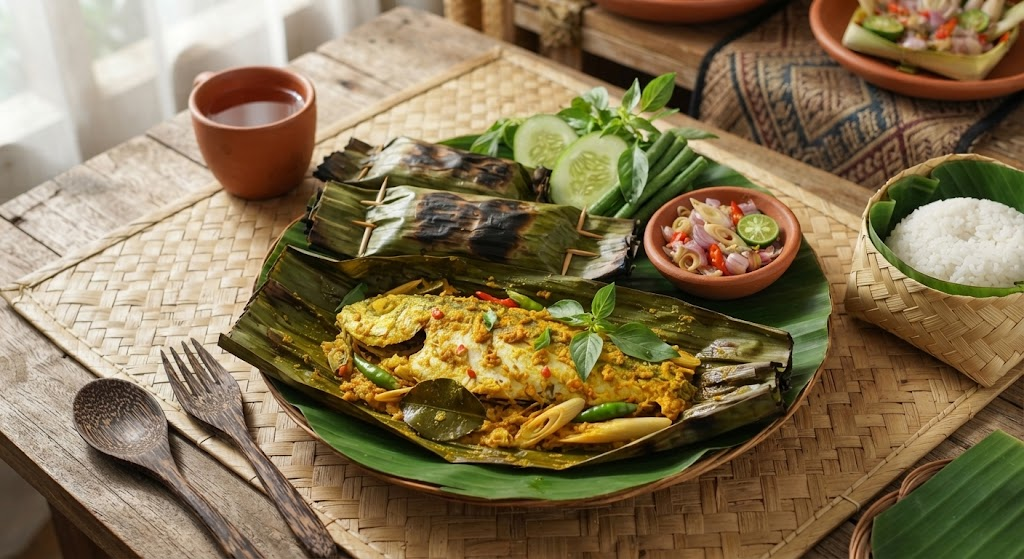 Pepes Ikan Tenggiri Bumbu Bali disajikan di atas piring anyaman dengan alas daun pisang, lengkap dengan nasi putih, sambal matah, dan lalapan, siap disantap.