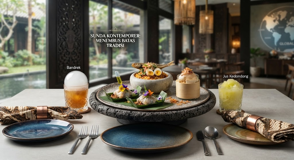 Fine dining menu evolusi kuliner Sunda kontemporer dengan Nasi Liwet ikan asin, dimsum sate, Bandrek, dan Jus Kedondong di restoran berarsitektur tropis modern.