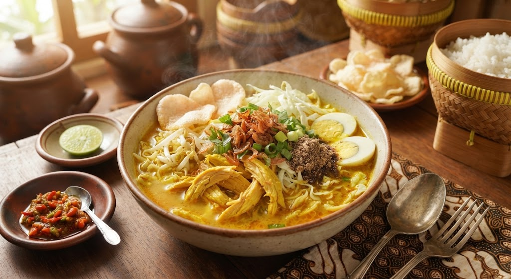 "Semangkuk soto ayam Madura otentik berkuah kuning, disajikan lengkap dengan suwiran ayam, telur rebus, tauge, taburan bawang goreng, koya, dan emping di atas meja kayu."