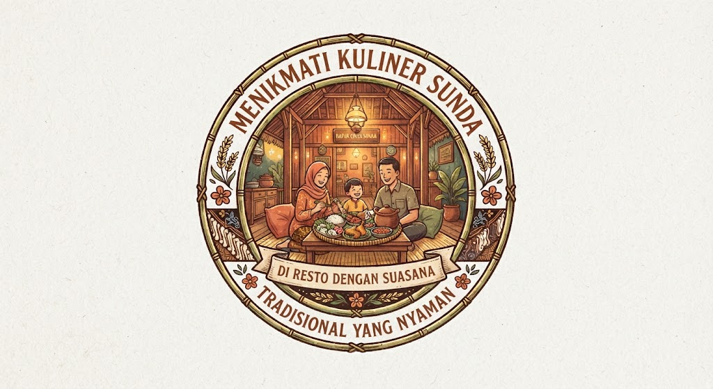 Logo ilustrasi bergaya badge melingkar dengan bingkai bambu. Di bagian tengah terdapat ilustrasi hangat sebuah keluarga (ayah, ibu, dan anak) yang sedang menikmati hidangan kuliner Sunda di dalam restoran tradisional berkonsep saung kayu dengan suasana yang nyaman. Terdapat teks melingkar bertuliskan "MENIKMATI KULINER SUNDA" di bagian atas serta "DI RESTO DENGAN SUASANA TRADISIONAL YANG NYAMAN" di bagian bawah, dihiasi aksen ornamen bunga dan daun.