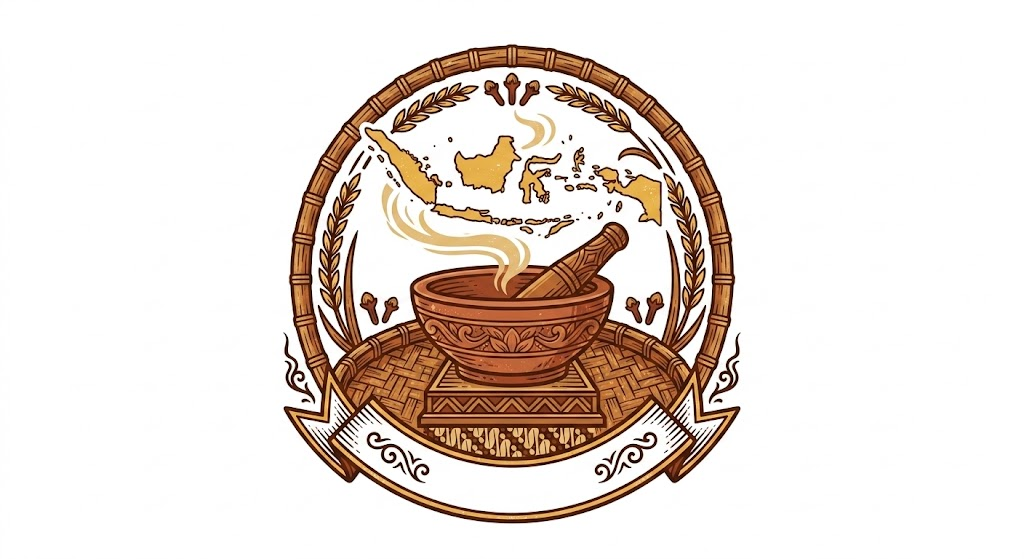 Logo lencana vintage kuliner tradisional Nusantara menampilkan cobek batu, ulekan, dan kepulan asap berbentuk peta Indonesia di atas tampah bambu.