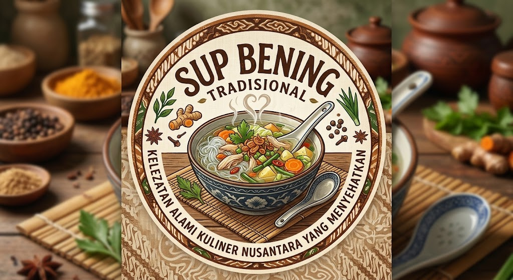 Logo Sup Bening Tradisional khas Nusantara dengan semangkuk sup bening gurih