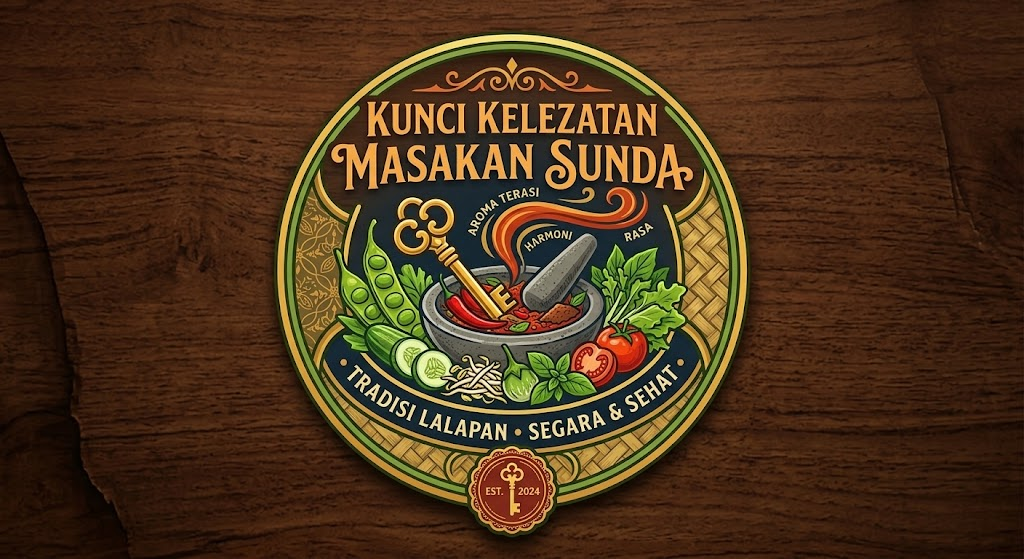 Logo Kunci Kelezatan Masakan Sunda dengan ilustrasi cobek sambal dan lalapan segar