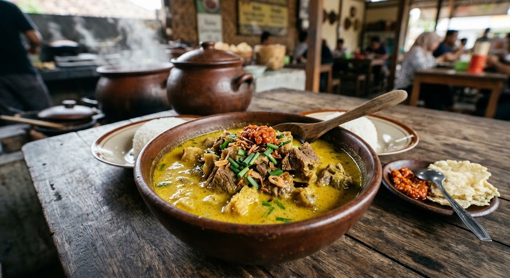 Mangkuk Empal Gentong Cirebon berkuah santan gurih dengan potongan daging sapi empuk dan taburan kucai.