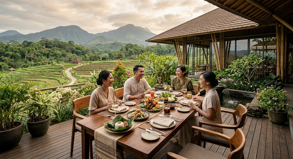 Tentu, ini dia alternative text (alt text) yang deskriptif dan SEO-friendly untuk gambar tersebut:
"Empat orang sedang menikmati hidangan kuliner Sunda premium di teras restoran mewah dengan pemandangan sawah terasering dan pegunungan yang asri."