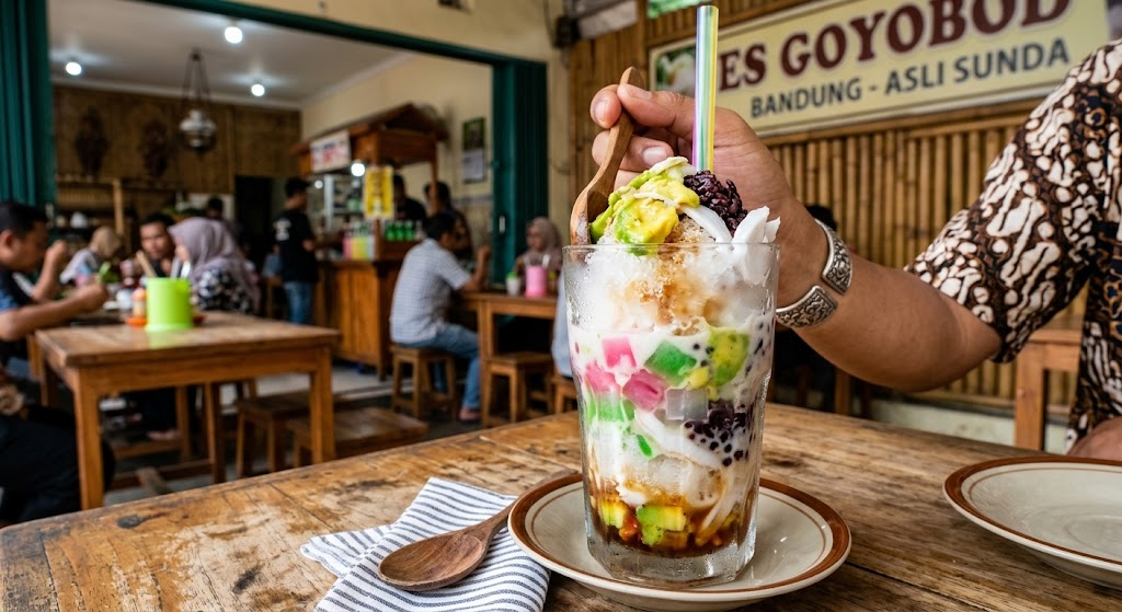 Es Goyobod Bandung, minuman es tradisional Sunda dengan isian hunwe, alpukat, ketan hitam, dan gula aren, disajikan di warung.