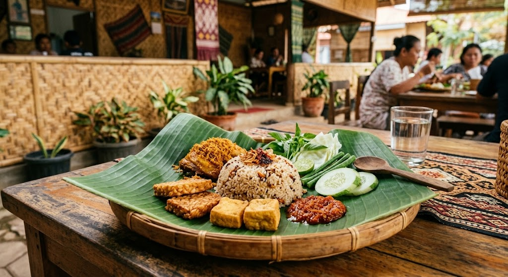 Sajian tradisional Nasi Tutug Oncom khas Sunda di atas tampah beralas daun pisang, lengkap dengan ayam goreng serundeng, tahu, tempe, lalapan segar, dan sambal terasi.