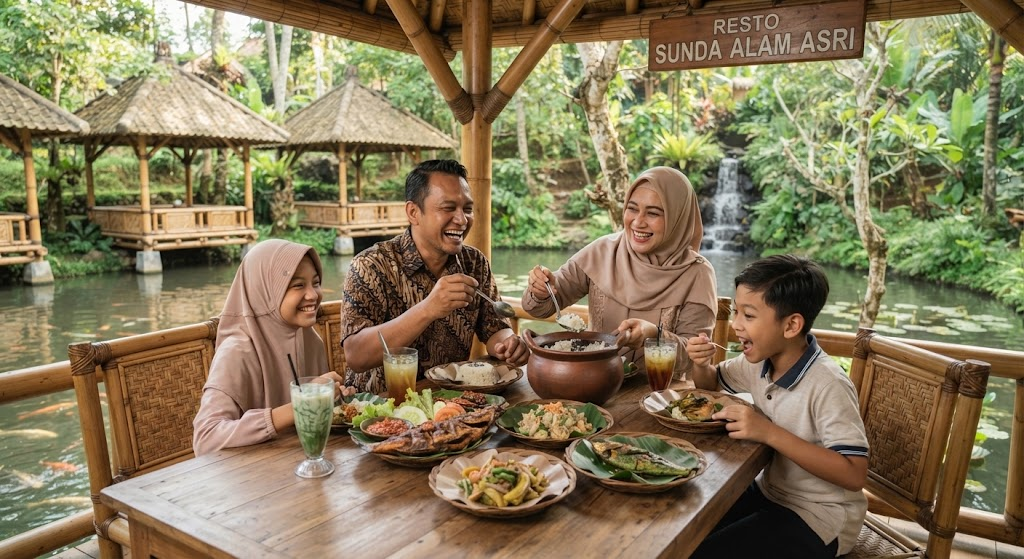 Keluarga bahagia menikmati kuliner tradisional dan nasi liwet di resto Sunda natural berkonsep saung bambu asri